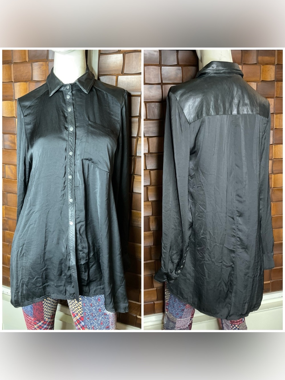 Jakett Black Leather and Satin Button Down Long Sleeve Tunic Top Medium